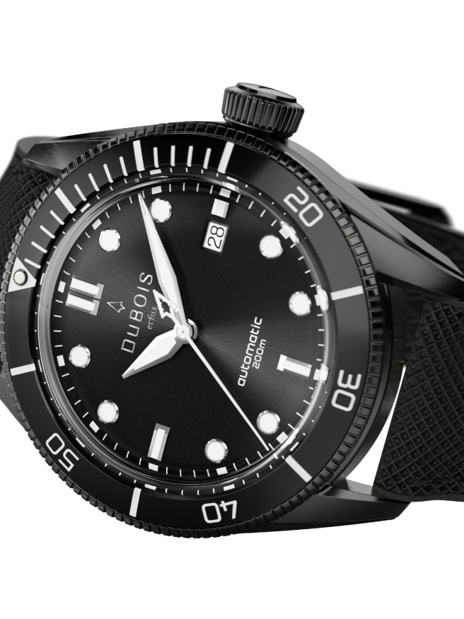 DBF007-03 aus Edelstahl 316L mit PVD-Beschichtung, schwarz, mit einer Blockchain verbunden und historischem Schweizer Uhrwerk.