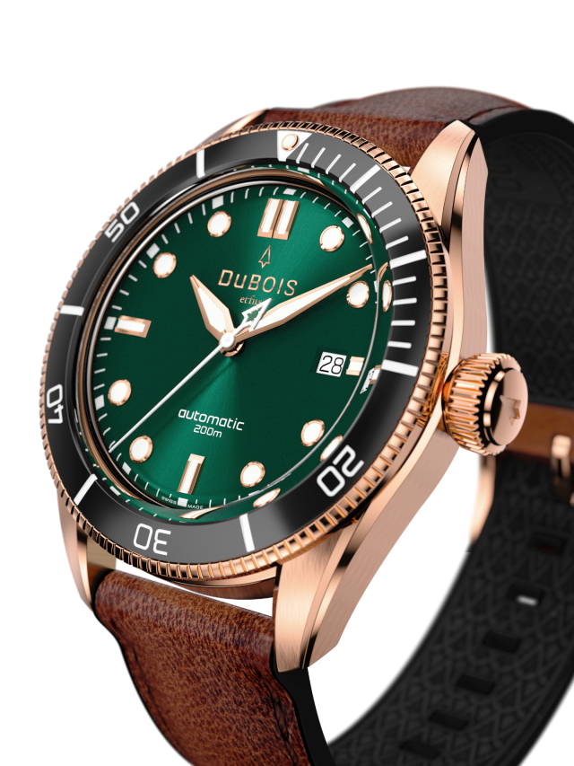 Rotgold vergoldete DuBois et fils-Uhr DBF007-08, Seitenansicht, mit schwarzem Drehring, Zifferblatt in Military Green