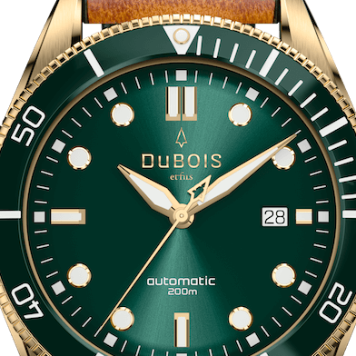 Das grüne Zifferblatt der limitierten Swiss Made Taucheruhr DBF007-07 von der Schweizer Uhrenmarke DuBois et fils