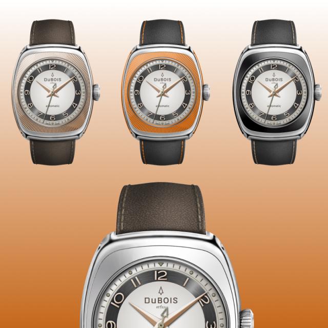 DBF010-01 in vier verschiedenen Ausführungen: Das Vintage-Modell der Schweizer Luxusuhr von DuBois et fils kommt mit wechselbarer Lunette und Seitenteilen in schwarz, orange und roségold