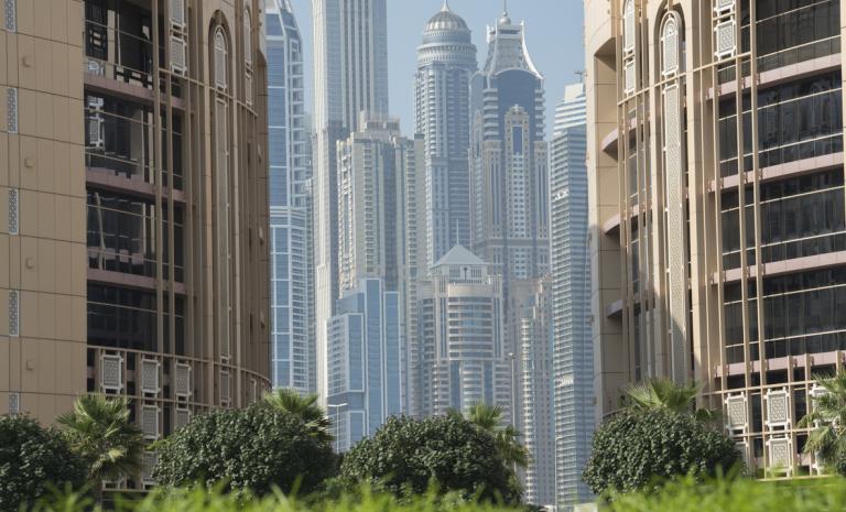 Dubai Skyline und im Vordergrund Natur mit Hochhäuser