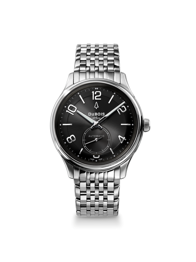Die DBF003-03 DuBois et fils Uhr mit schwarzem Zifferblatt, Metallband und Revue Thommen Werk. Eine Swiss Made Limited Edition Uhr aus der Schweiz.