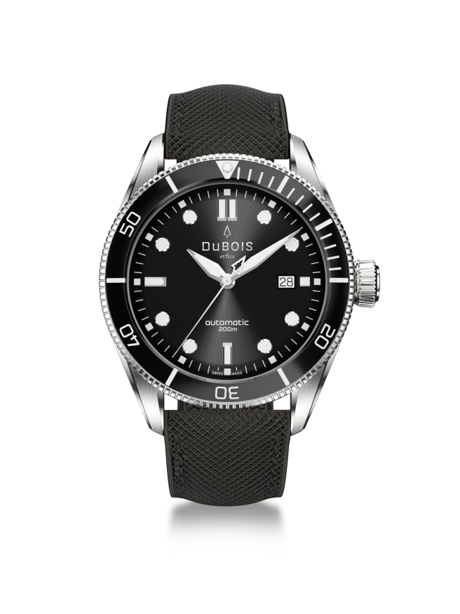 DBF007-02 Schweizer Taucheruhr mit schwarzem Zifferblatt aus Keramik, Material aus Edelstahl und Uhrenband aus natürlichem Kautschuk mit Obermaterial aus PVC. Die Taucheruhr DBF007 verfügt über eine hervorragende Leuchtkraft dank Superluminova.