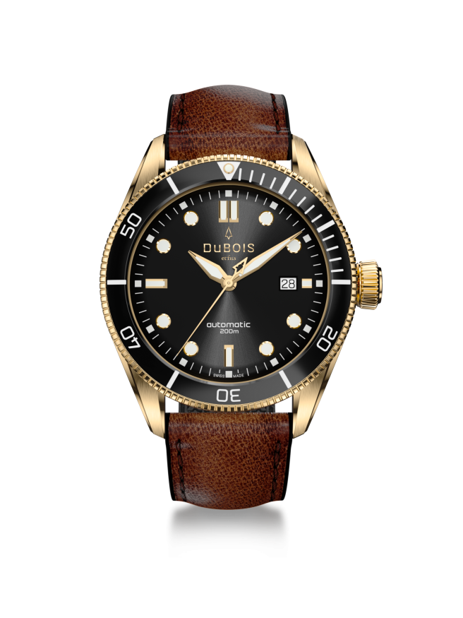DBF007-04 Eine DBF007-Taucheruhr mit Bronze-Gehäuse, schwarzem Zifferblatt und Drehring. DuBois et fils achtet auf Nachhaltigkeit und produziert "Swiss Made". Eine Uhr mit besonderem Charakter.