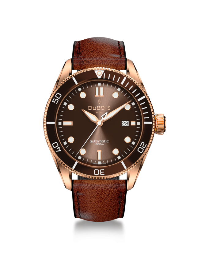 DBF007-12 Von Zeiger über Zifferblatt bis Lünette: Gute Ablesbarkeit ist bei dieser Uhr garantiert. Die Taucheruhr von DuBois et fils, limited edition 22, kombiniert Rotgold mit "Chocolate" und braun "metallic".